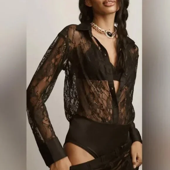 Anthropologie Black Lace Button Front Bodysuit Satin Trim Long Sleeve S - Picture 6 of 7